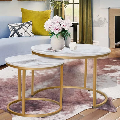 VILAWLENCE Round Coffee Table Set of 2 Modern Nesting Golden Frame Circular and Marble Pattern Wooden Stacking Accent