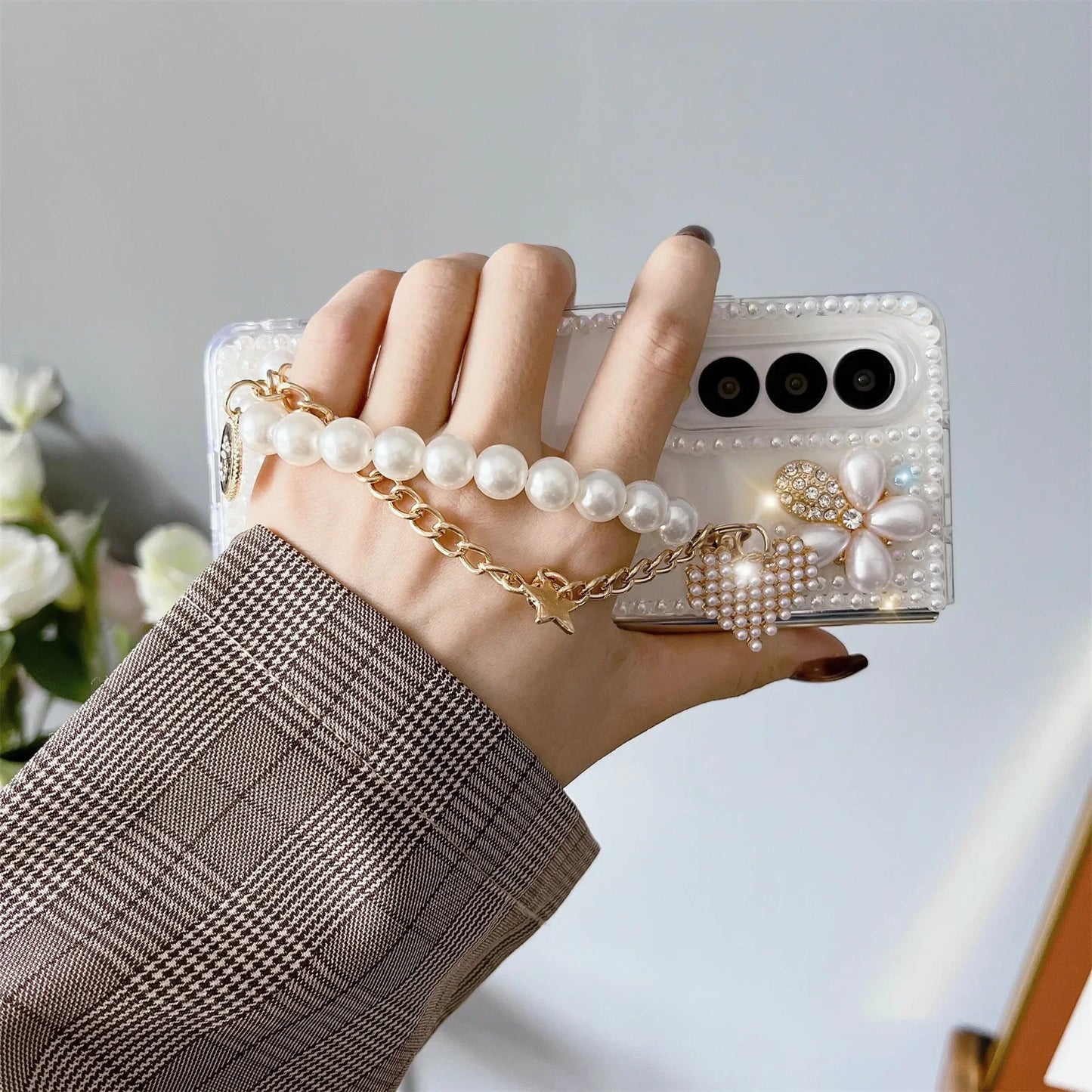 for Samsung Galaxy Z Fold 4 Case Cute for Women Girls Luxury 3D Handmade Sparkle Pearl Strap Chain Diamond Bling Glitter Cover