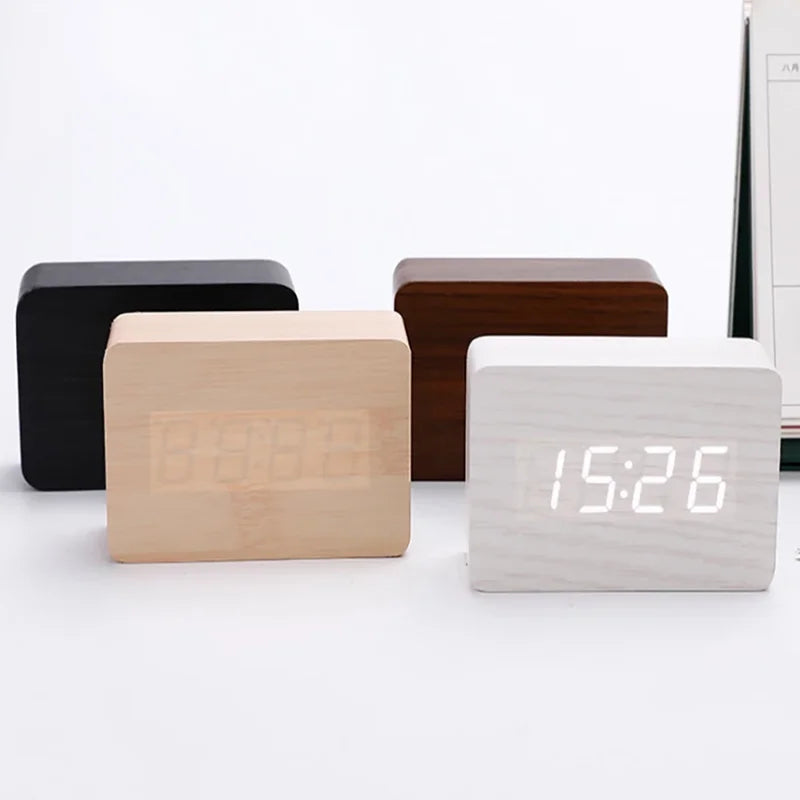 Alarm Clock LED Wooden Watch Table Voice Control Digital Wood Despertador USB/AAA Powered Electronic Desktop Clock Home Supplies