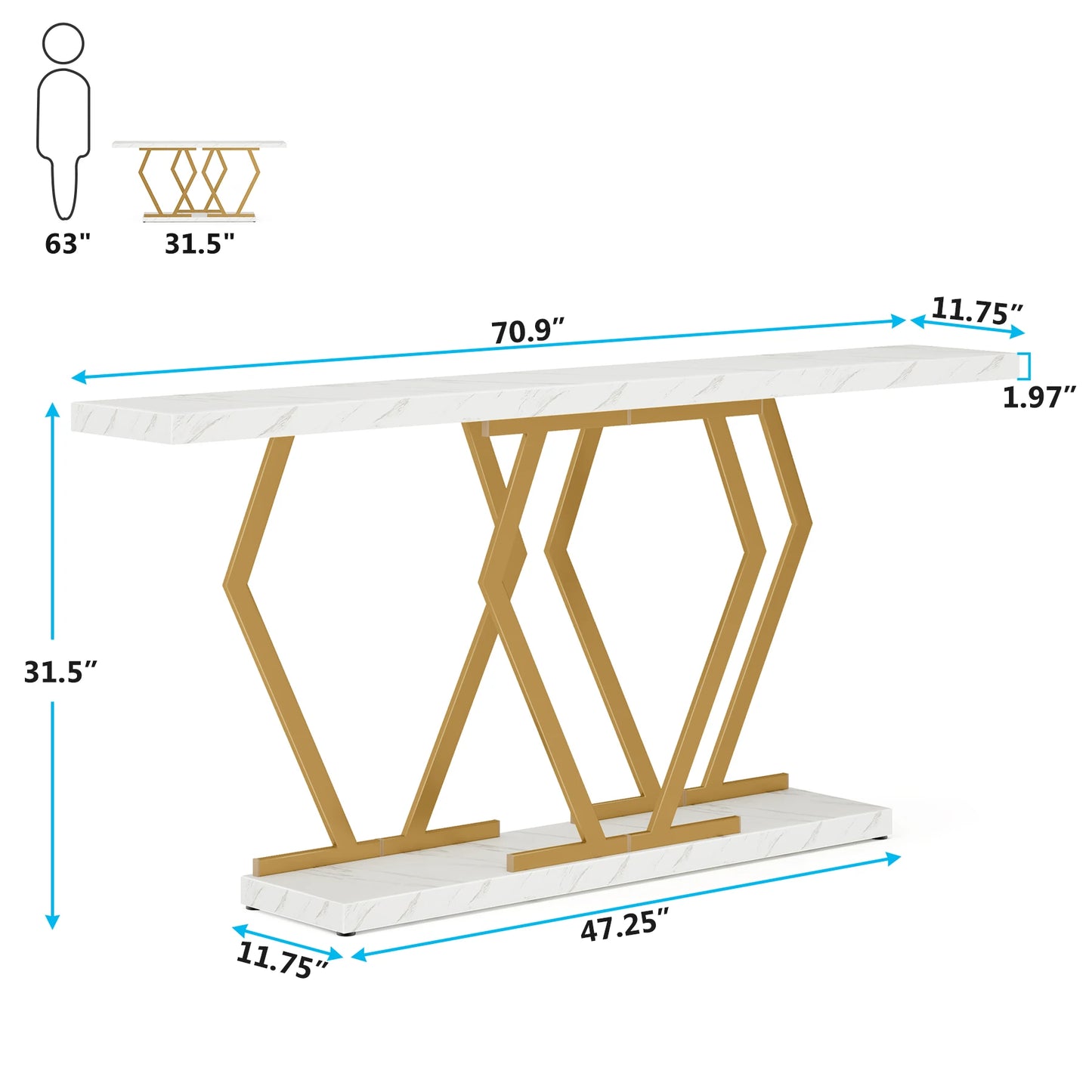 Tribesigns 70.9 Inch Extra Long Sofa Table， White and Gold Console Table with Faux Marble Tabletop, Modern Long Entryway Table