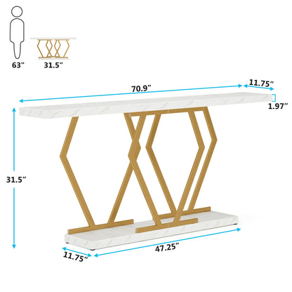 Tribesigns 70.9 Inch Extra Long Sofa Table， White and Gold Console Table with Faux Marble Tabletop, Modern Long Entryway Table