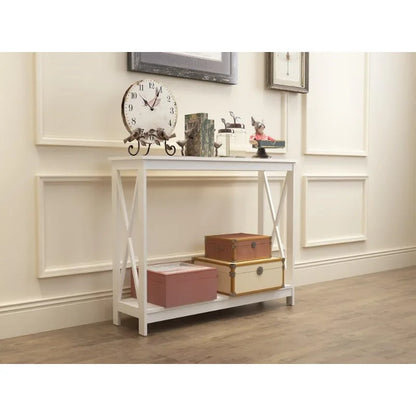 EHomeProducts White Finish 3-Tier X-Design Occasional Console Sofa Table Bookshelf Console Table for Hallway