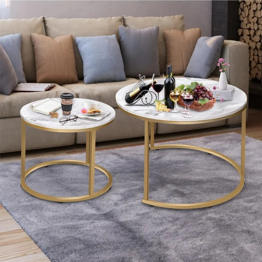 VILAWLENCE Round Coffee Table Set of 2 Modern Nesting Golden Frame Circular and Marble Pattern Wooden Stacking Accent