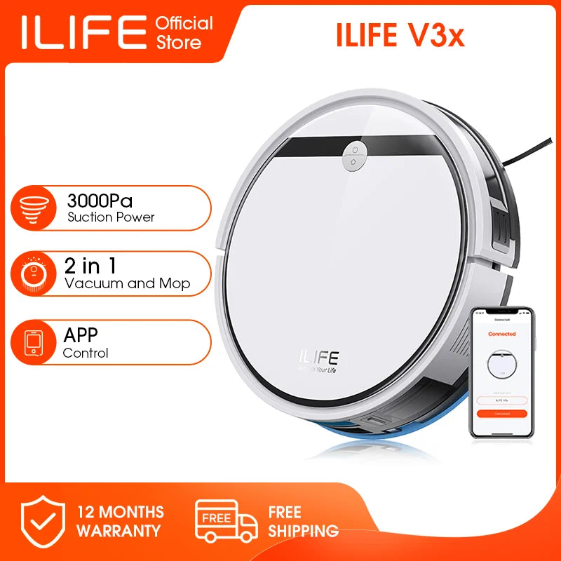 ILIFE V3X Robot Vacuum and Mop Combo, V3s Pro Upgraded, Compatible with Alexa/Google/WiFi, 120mins, 3000Pa, Ideal for Pet Hair