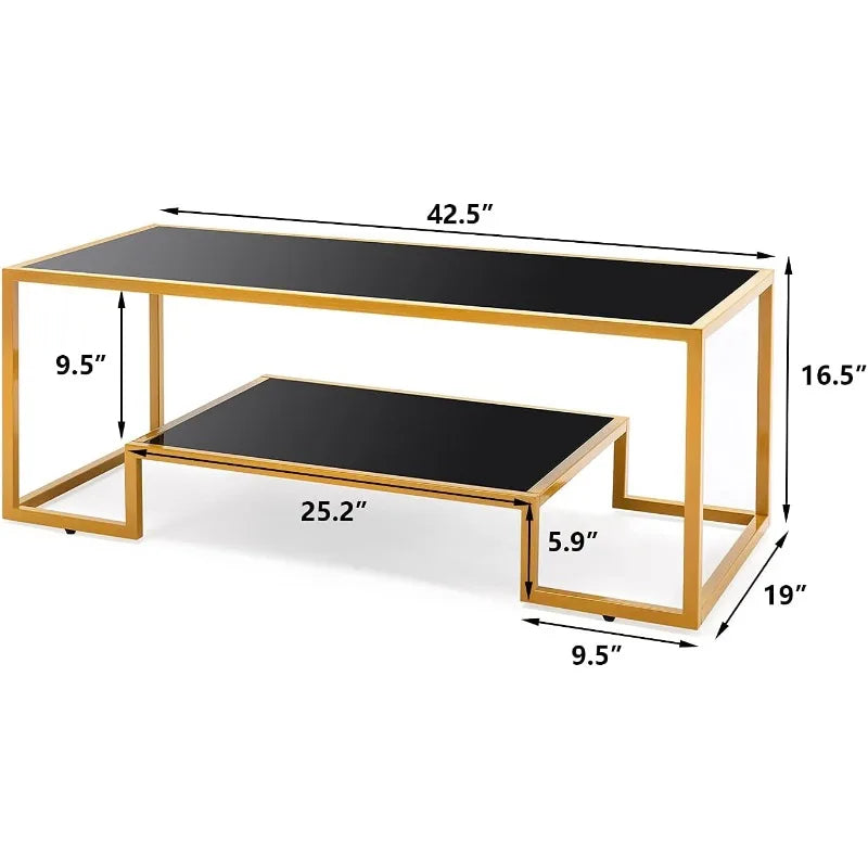 Glass Coffee Table, Brass Accent Modern Tempered Glass Side Table, Additional Storage Shelf & Metal Frame, for Living Room Home