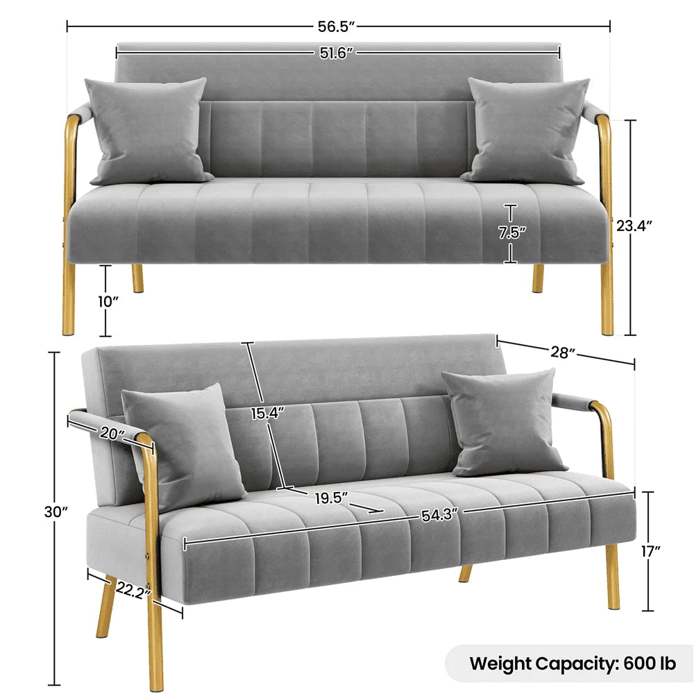 56.6'' W Modern Upholstered Sofa Couch With 2 Pillows Living Room Sofas Light Gray Furniture Home Sofa