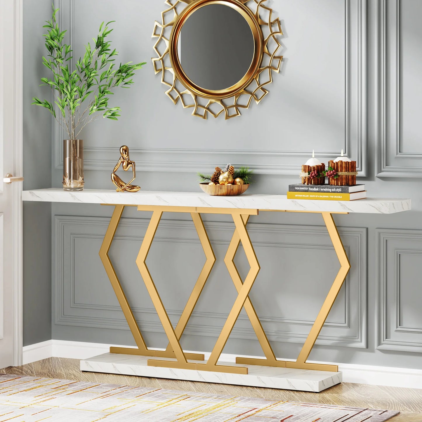 Tribesigns 70.9 Inch Extra Long Sofa Table， White and Gold Console Table with Faux Marble Tabletop, Modern Long Entryway Table