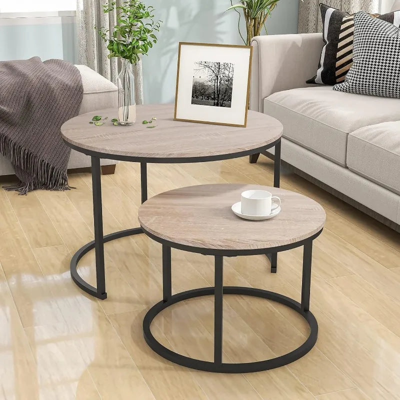 Industrial Round Coffee Table Set of 2 End Table for Living Room,Wood Look Accent Furniture with Metal Frame