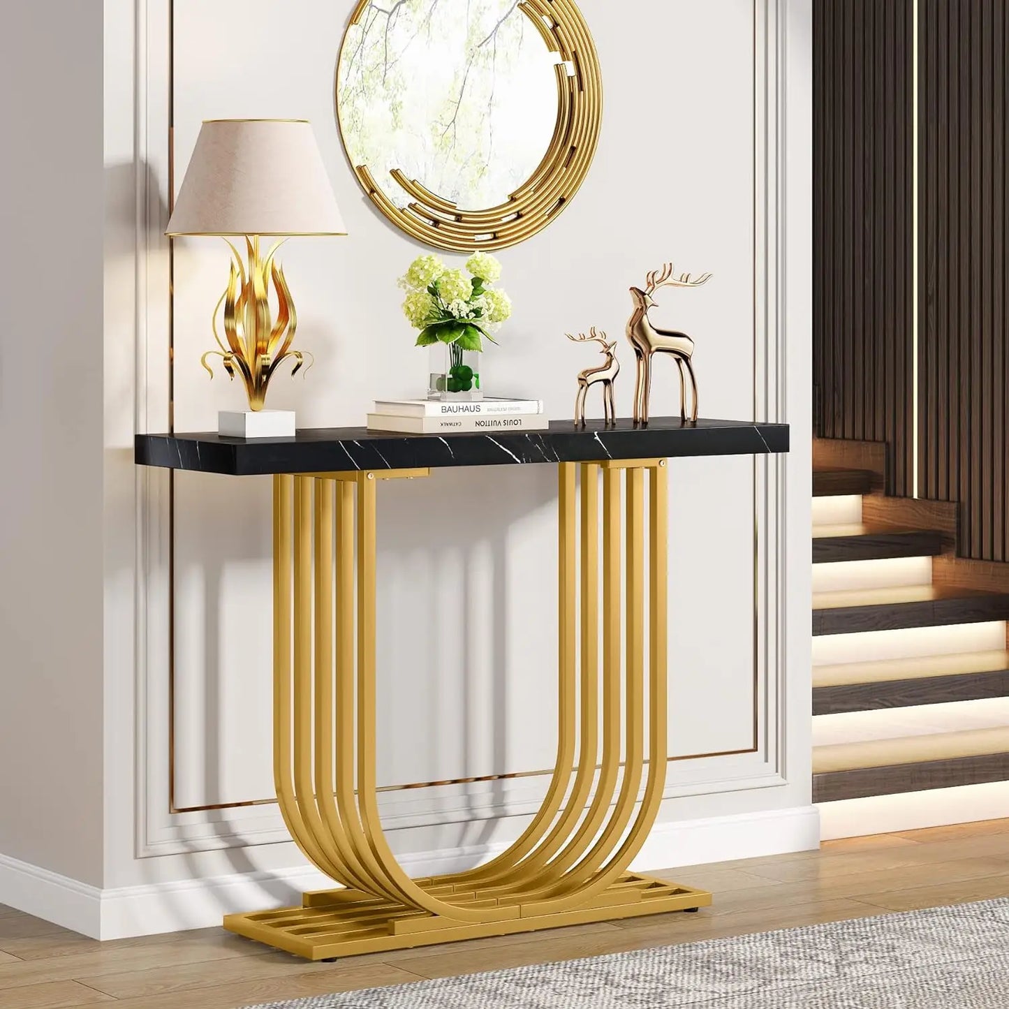 Console Table with Gold Base, 39.4 In Faux Marble Entryway Foyer Table, Sofa Accent Table for Living Room, Hallway, White & Gold