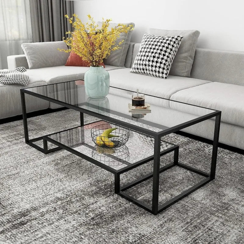 Glass Coffee Table, Brass Accent Modern Tempered Glass Side Table, Additional Storage Shelf & Metal Frame, for Living Room Home