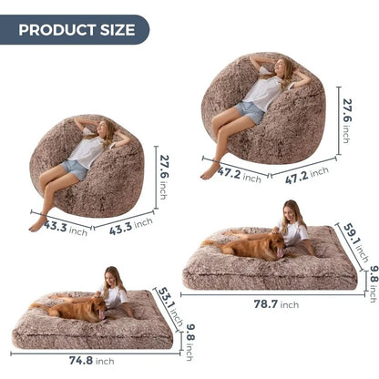 Giant Bean Bag Chair Bed for Adults, Convertible Beanbag Folds From Lazy Chair To Floor Mattress Bed, Large Floor Sofa Couch