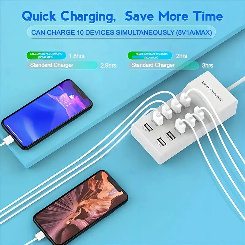 USB Charger 10-Port USB Charging Station for Multi Devices 50W USB Hub Adapter for iPhone Samsung Xiaomi Huawei Extension Socket