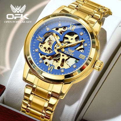 OPK Brand Original Luxury Men's Watches Stainless Steel Strap Mechanical Watch Waterproof Luminous Butterfly Button Hollow Out