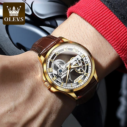 OLEVS Brand Men's Watches Skeleton Automatic Mechanical Wristwatch Waterproof Luminous Leather Strap Fashion Watch for Man Trend