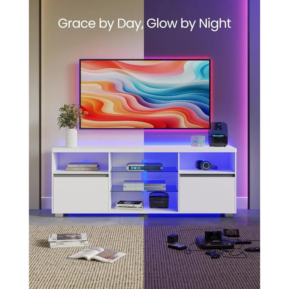 Tv Furniture Home TV Console for Bedroom Living Room Stand With LED Lights 70 Inch 63 X 15.7 X 23.6 Inches 2 Cabinets With Doors