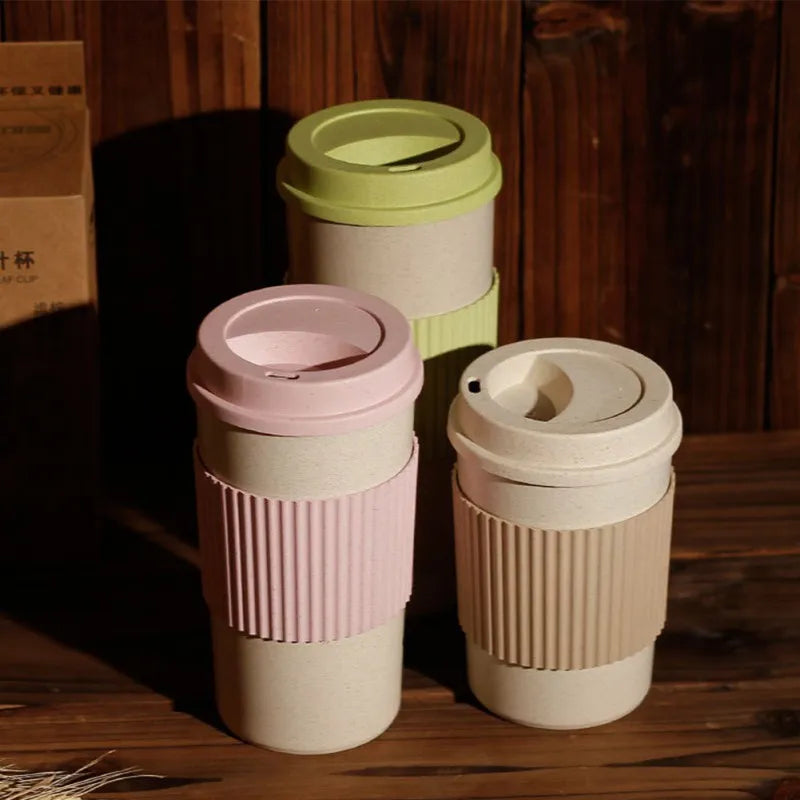 Wheat Straw Travel Coffee Mugs Cup With Lid Easy To Go Portable Mug for Outdoor Camping Hiking Picnic