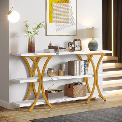 Tribesigns 70.8 Inch Gold Console Table, Long Sofa Table Entry Table with 3 Tier Storage Shelves for Entryway Hallway