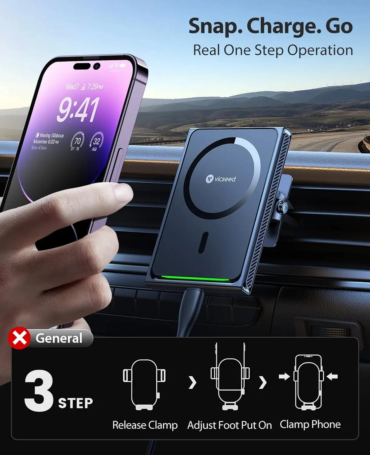 Car Mount Charger with Cable,【15W Fastest & Safest Charging】 MagSafe Car Charger Vent, Magnetic Wireless Car Charger Mount