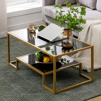 Glass Coffee Table, Brass Accent Modern Tempered Glass Side Table, Additional Storage Shelf & Metal Frame, for Living Room Home