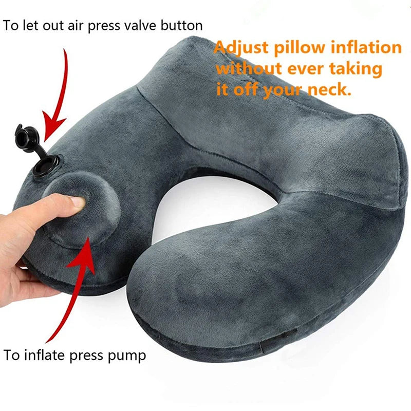 Travel Inflatable Pillow Soft Neck Support Lightweight Ergonomic For Sleeping On Planes, Cars And Trains Storage Bag Included