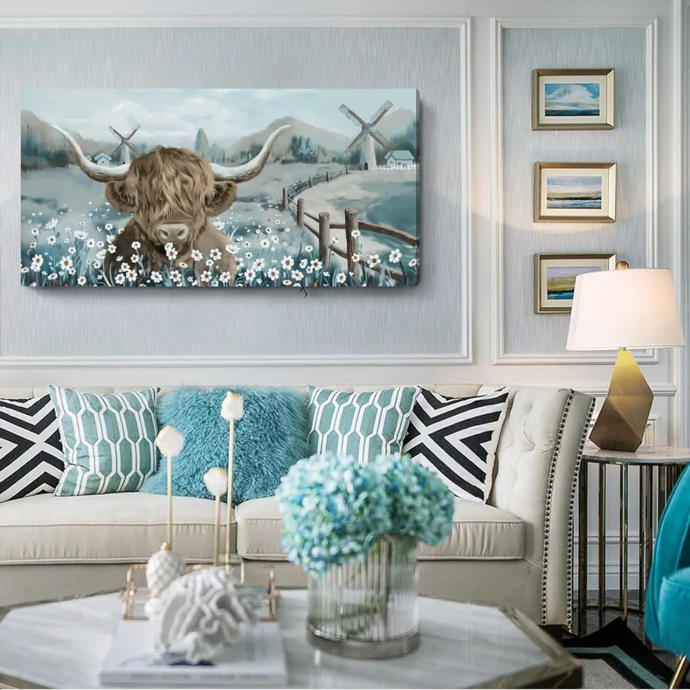 Decorative Paintings Large Highland Cattle Wall Art Animal Canvas Print Rustic Farmhouse Cattle Picture in Living Room Decor