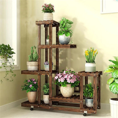 6 Tier Wood Plant Stand Vertical Carbonized Multiple Holder Indoor Outdoor Patio