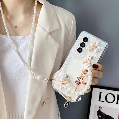 for Samsung Galaxy Z Fold 4 Case Cute for Women Girls Luxury 3D Handmade Sparkle Pearl Strap Chain Diamond Bling Glitter Cover