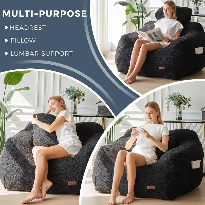 Giant Bean Bag Chair with Pillow, Fluffy and Comfy Bean Bag Sofa for Adult with Fuzzy Fabric,Large Bean Bag Chair with Filler