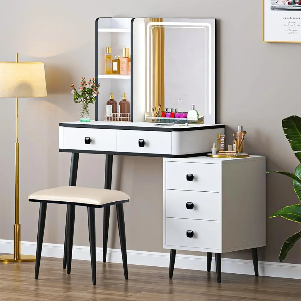 White Dressing Table With Lots Storage 3 Lighting Modes Dresser Makeup Vanity With Charging Station Vanity Desk Set Bedroom Home