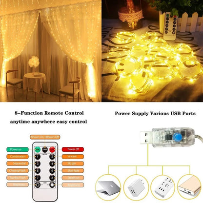 1pc Curtain String Lights, USB Powered Fairy Lights, 8 Lighting Modes With Remote Control,Christmas New Year Home Decoration