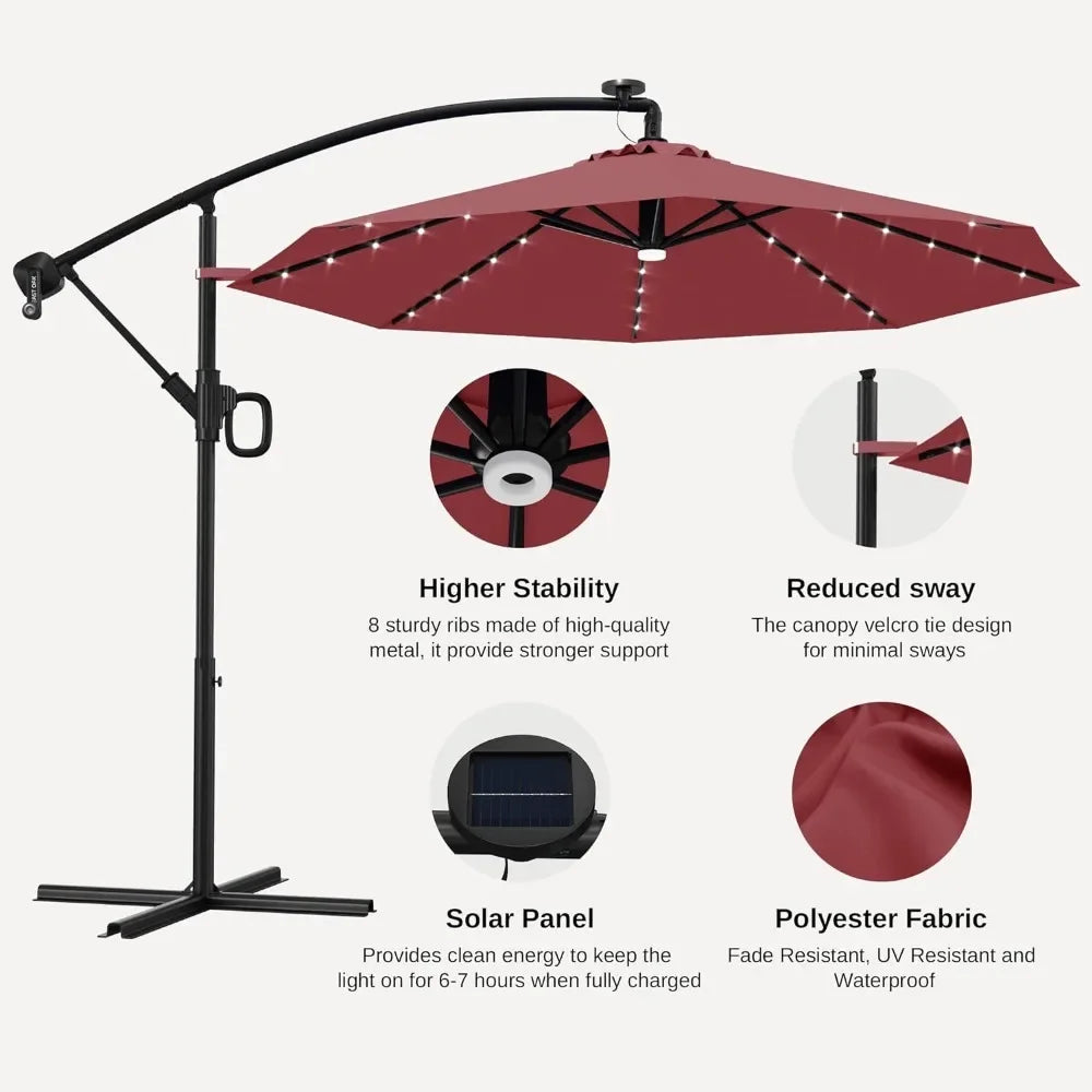 Patio Umbrella, 10 Ft Outdoor Offset Umbrellas, 40 LED Solar Lights and Crank, Aluminum Pole and Fade Resistant, Patio Umbrella