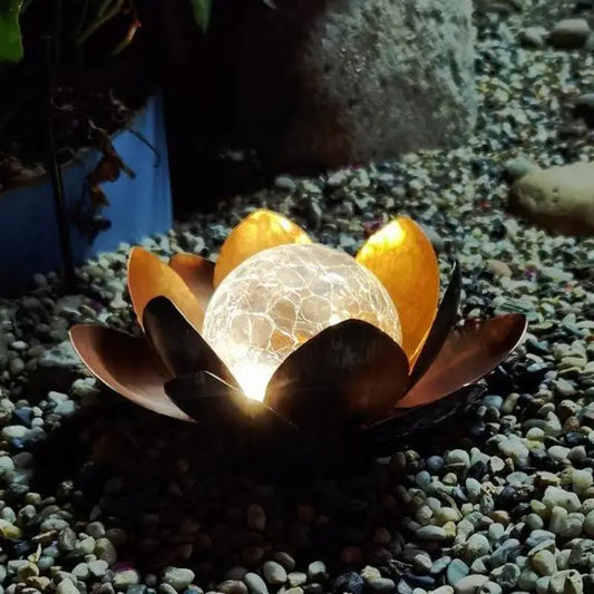 Garden Amber Cracked Glass Lotus Solar Light Waterproof Metal Flower LED Light Garden Lamp For Patio Pathway Lawn Decoration