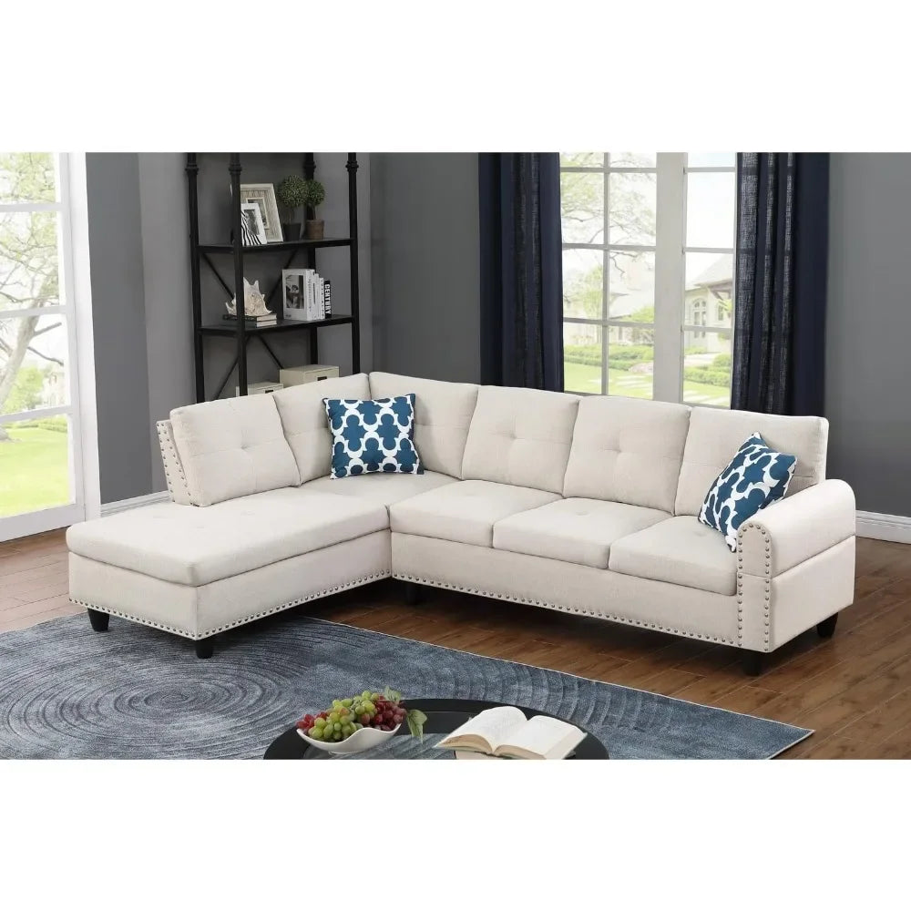 Living Room Sofa with Storage Ottoman Set,Left Chaise Longue,2 Cup Holders,2 Pillows,Furniture Fabric Partition Couch