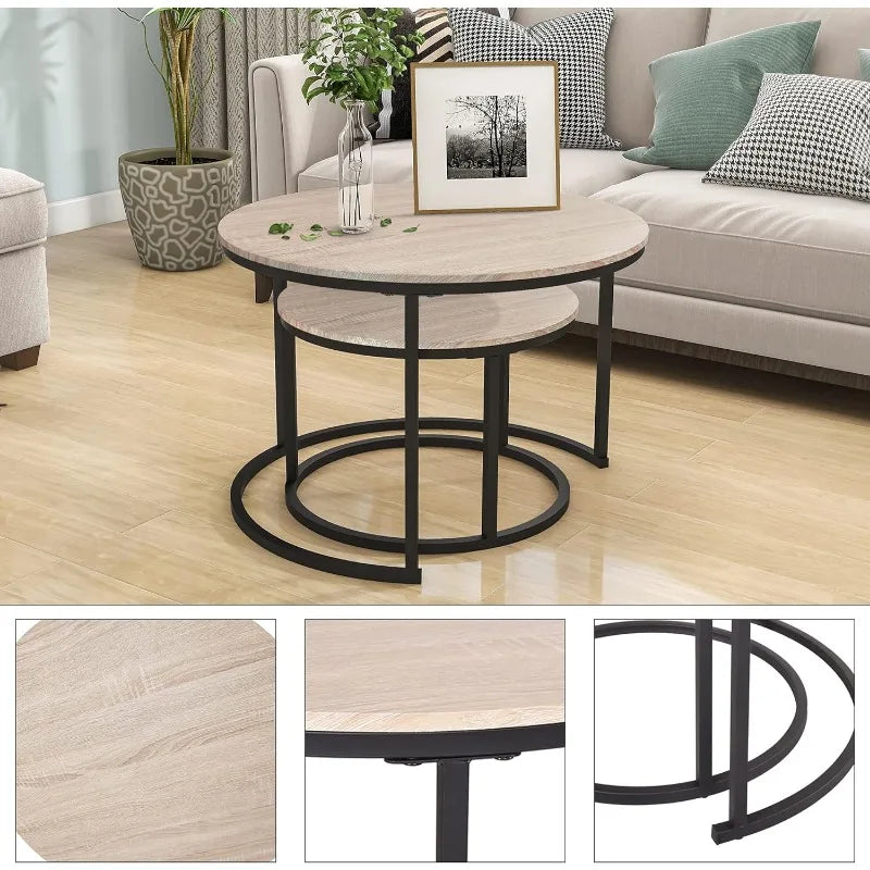 Industrial Round Coffee Table Set of 2 End Table for Living Room,Wood Look Accent Furniture with Metal Frame