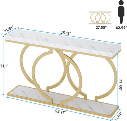 Gold Console Table, 55 in Faux Marble Entryway Table Narrow Long Sofa Table, Accent Table , Entrance Table Frame, White & Gold