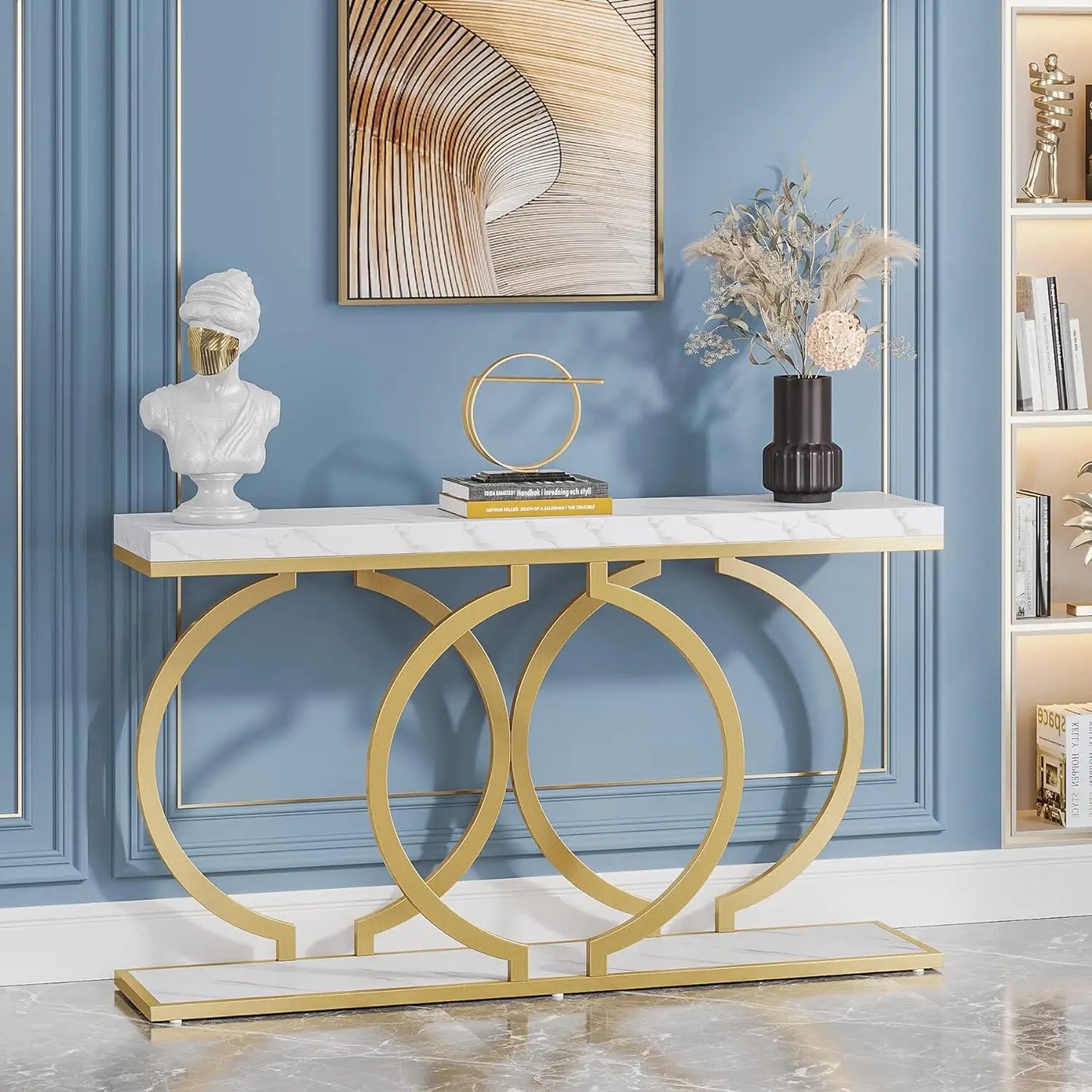 Gold Console Table, 55 in Faux Marble Entryway Table Narrow Long Sofa Table, Accent Table , Entrance Table Frame, White & Gold