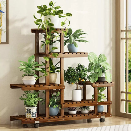 6 Tier Wood Plant Stand Vertical Carbonized Multiple Holder Indoor Outdoor Patio