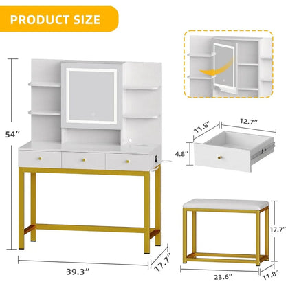 Adjustable 3 Lights Modes Useful Things for Home Organizer Vanity Table With Hidden Storage Shelves and 3 Drawers Plastic Box