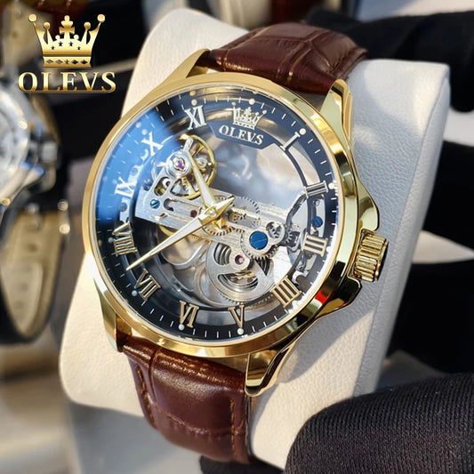 OLEVS Brand Men's Watches Skeleton Automatic Mechanical Wristwatch Waterproof Luminous Leather Strap Fashion Watch for Man Trend