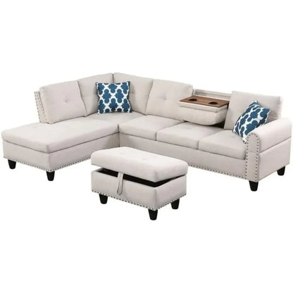 Living Room Sofa with Storage Ottoman Set,Left Chaise Longue,2 Cup Holders,2 Pillows,Furniture Fabric Partition Couch