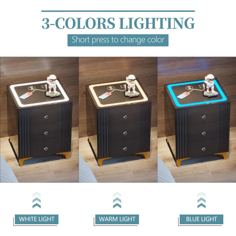 Nightstand with Wireless Charging Station,Smart Gloss Night Stand with 3 Colors Dimmable Sensor Light,Bedside Table Glass Top