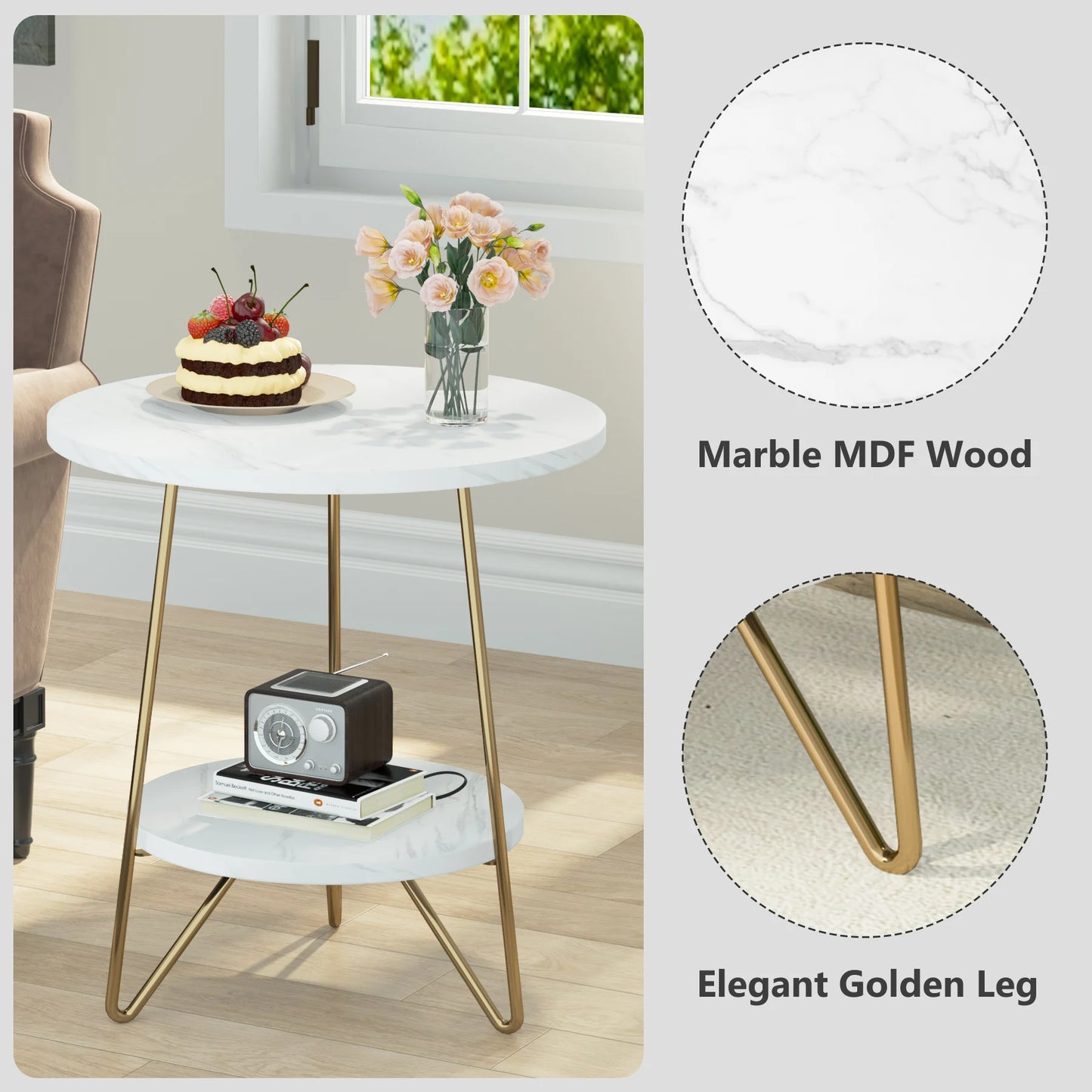 Tribesigns 2 Tier Faux Marble End Table Round Side Table with Shelves Small Coffee Accent Table for Living Room, White and Gold