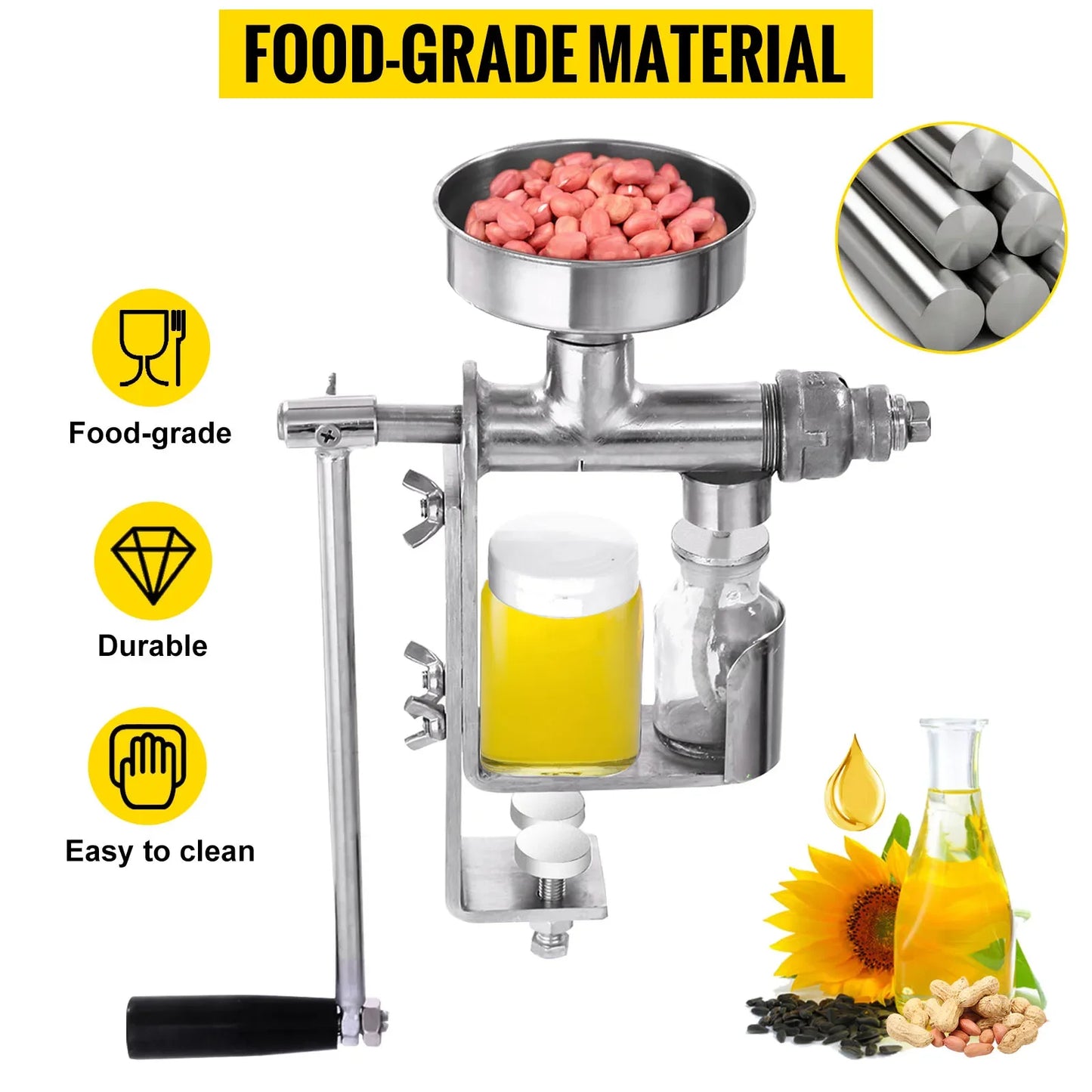 VEVOR Manual Oil Press Machine 304 Stainless Steel for DIY Seed Nut Peanut Oil Expeller Extractor Household Cold Oil Extractor