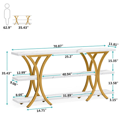 Tribesigns 70.8 Inch Gold Console Table, Long Sofa Table Entry Table with 3 Tier Storage Shelves for Entryway Hallway