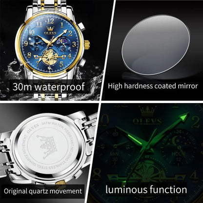 OLEVS 2900 NEW Quartz Watch for Men High Quality Multifunctional Chronograph Waterproof Stainless steel Moon Phase Men's Watches