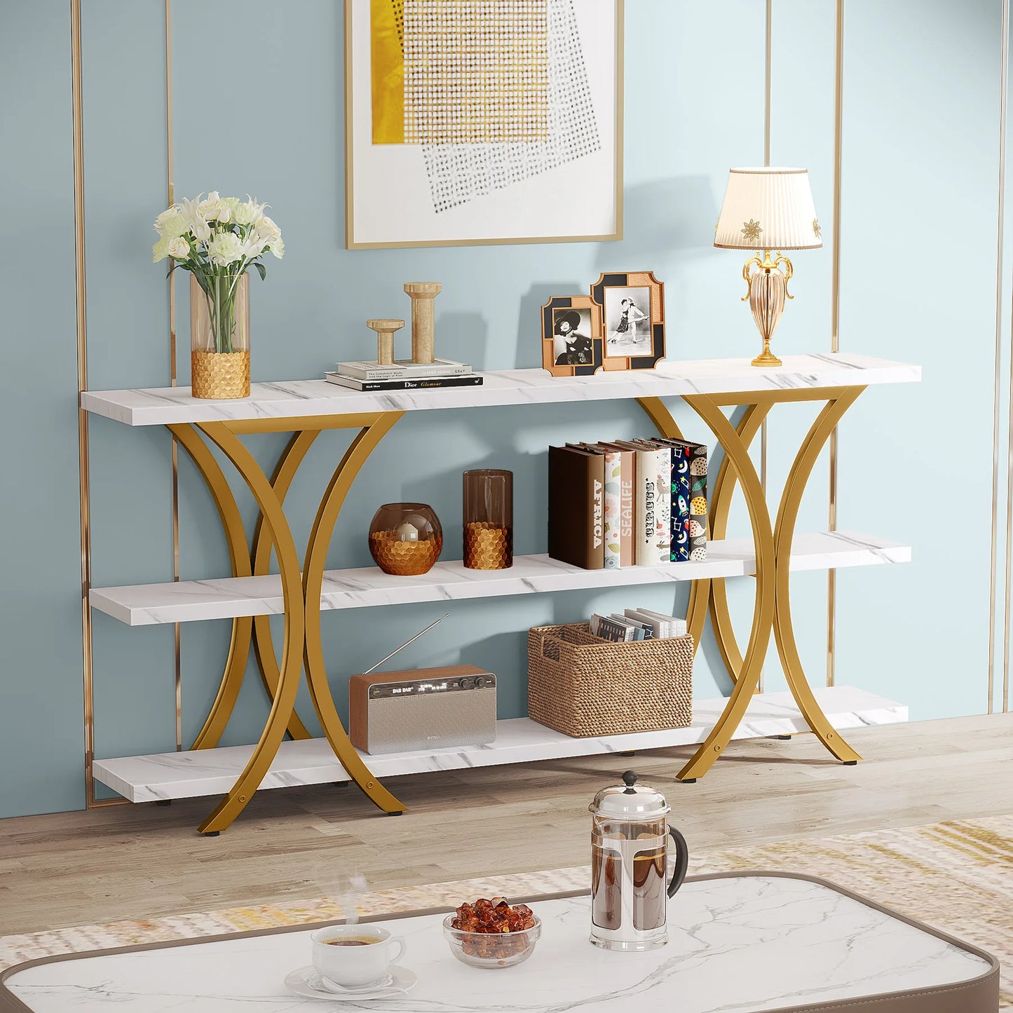 Tribesigns 70.8 Inch Gold Console Table, Long Sofa Table Entry Table with 3 Tier Storage Shelves for Entryway Hallway