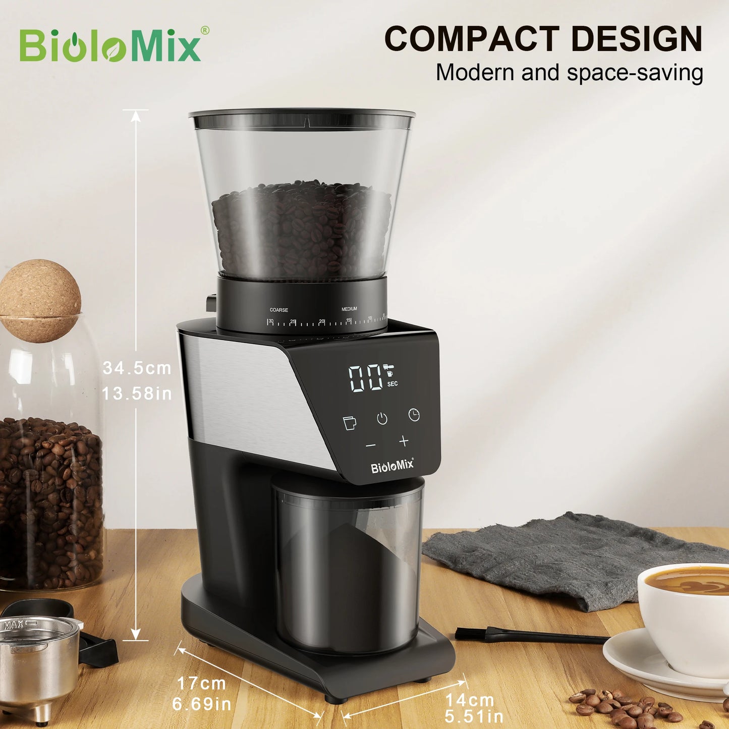 Biolomix Conical Burr Coffee Grinder with Digital Timer Display, 31 Precise Settings for Espresso/Drip/French press/Cold Brew