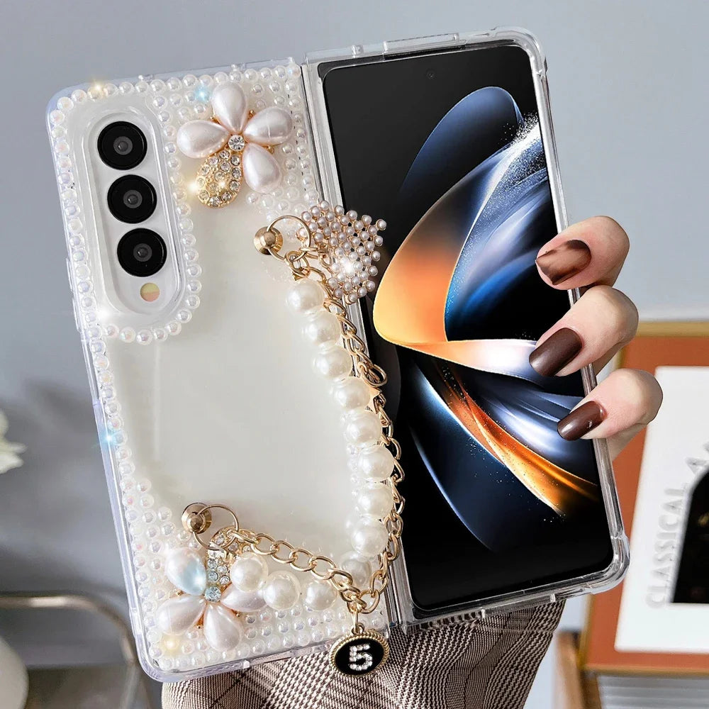 for Samsung Galaxy Z Fold 4 Case Cute for Women Girls Luxury 3D Handmade Sparkle Pearl Strap Chain Diamond Bling Glitter Cover