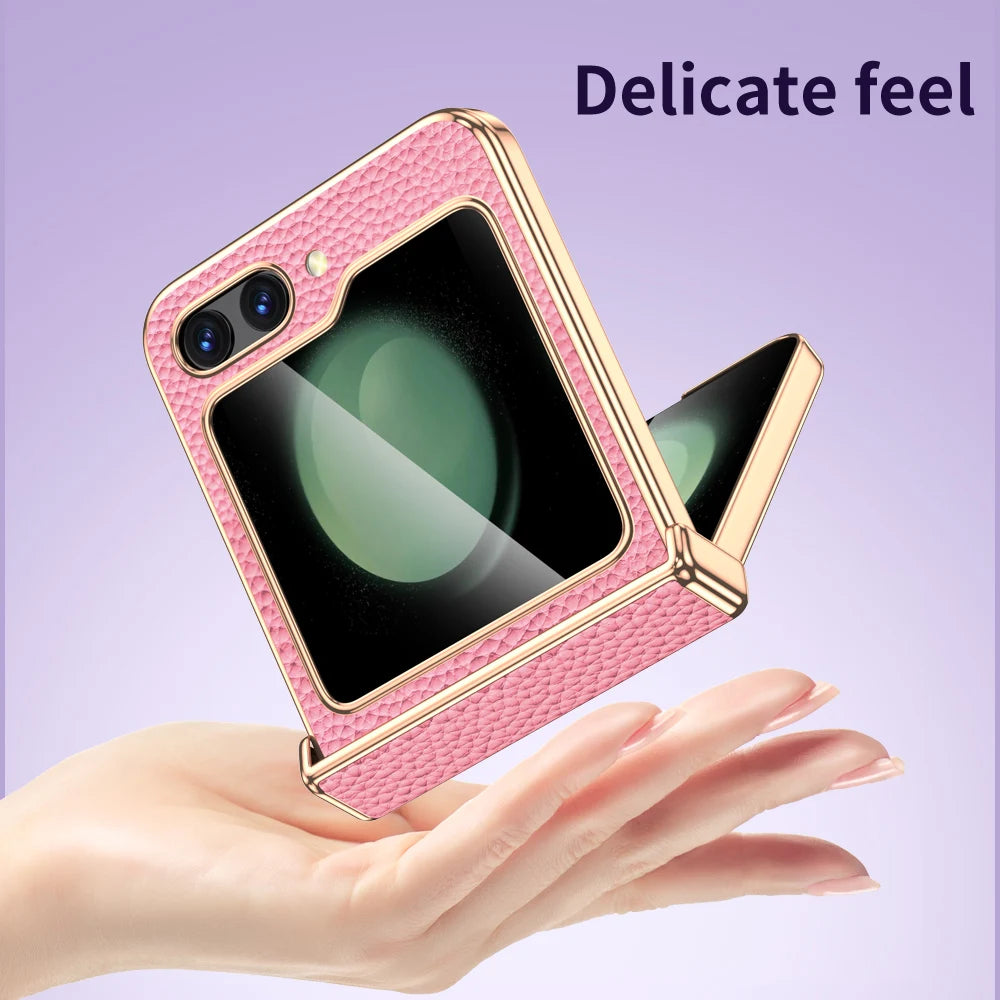 Natural Cowhide Leather Phone Case for Samsung Galaxy Z Flip5 Flip 5 ZFlip5 Luxury Hinge Protection Cover with Tempered Glass