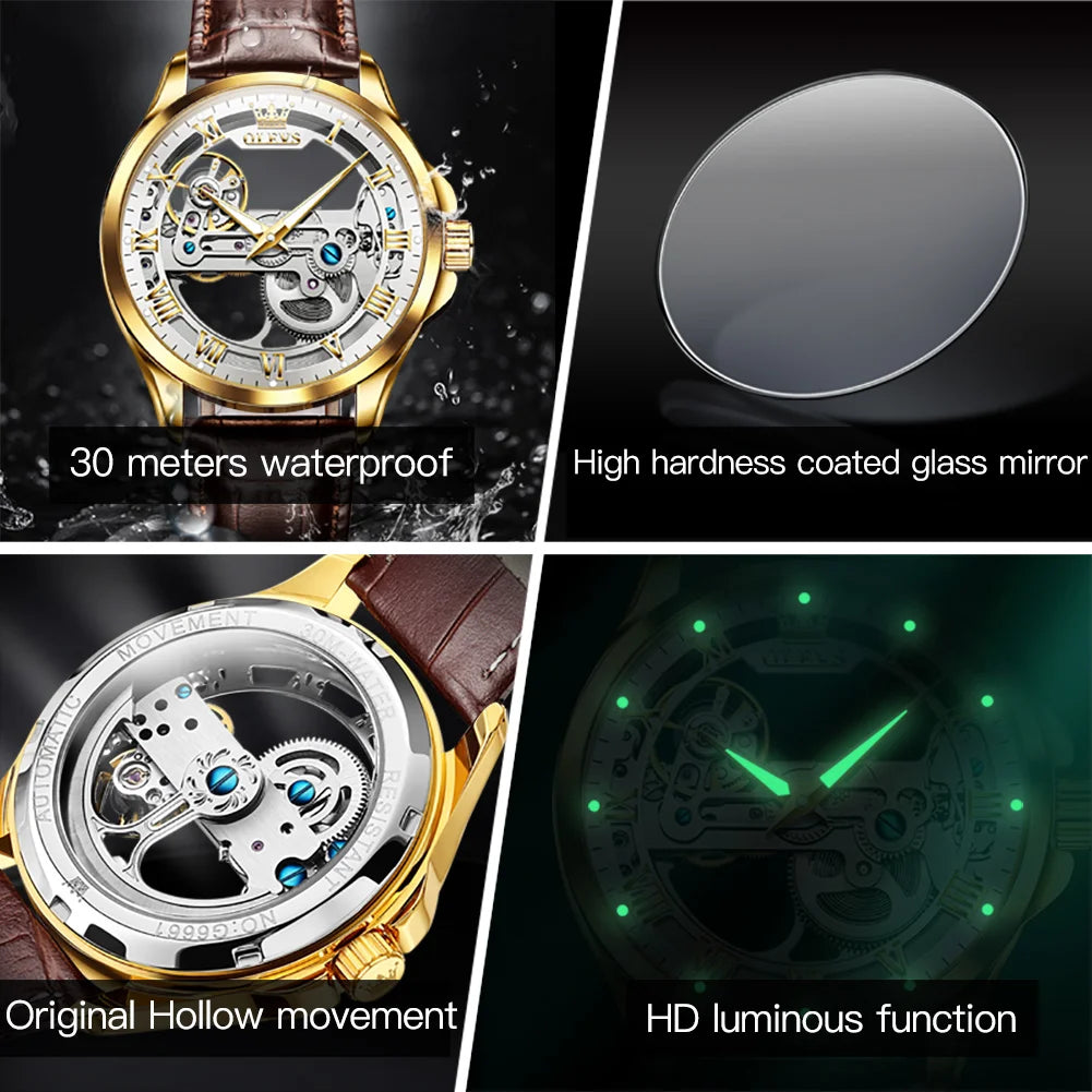 OLEVS Brand Men's Watches Skeleton Automatic Mechanical Wristwatch Waterproof Luminous Leather Strap Fashion Watch for Man Trend